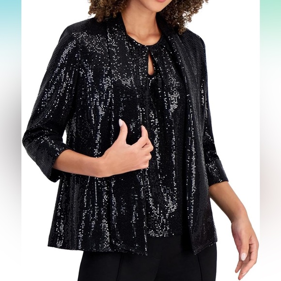 NWT • Kasper • Mirror-Dot Open-Front Shawl-Collar Jacket • Black/Black • Size 12 - Picture 1 of 4